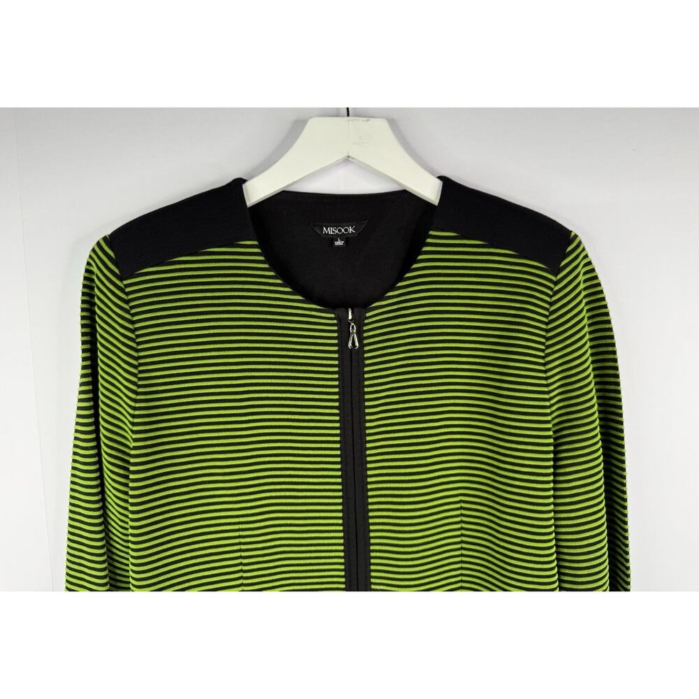 Misook Zip Front Cardigan Womens Sz L‎ Green Black Stripe Contemporary Mature - Picture 2 of 10